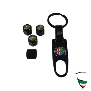 Juego de tapones de válvula de metal negro hexagonal de 11 mm con llavero emblema Alfa Romeo de color