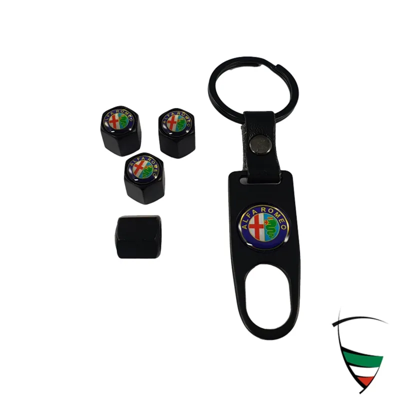 Juego de tapones de válvula de metal negro hexagonal de 11 mm con llavero emblema Alfa Romeo de color