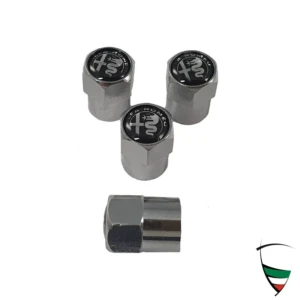 Set de capuchones de válvula metálicos cromados hexagonales Emblema Alfa Romeo negro/blanco