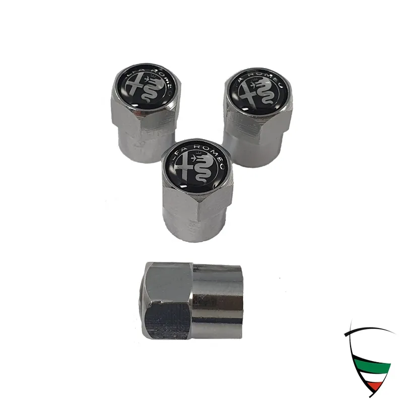 Set de capuchones de válvula metálicos cromados hexagonales Emblema Alfa Romeo negro/blanco