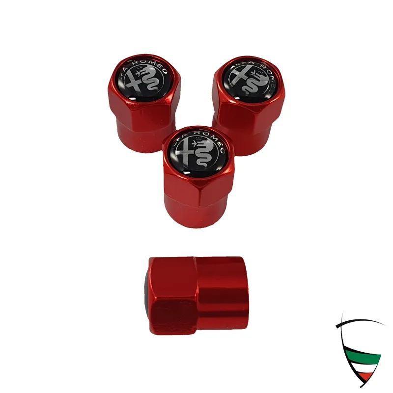Set de capuchones de válvula metálicos hexagonales 9mm rojos Emblema Alfa Romeo negro/blanco
