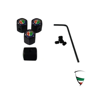 Set de tapones de válvula de metal negro hexagonal antirrobo Alfa Romeo emblema color