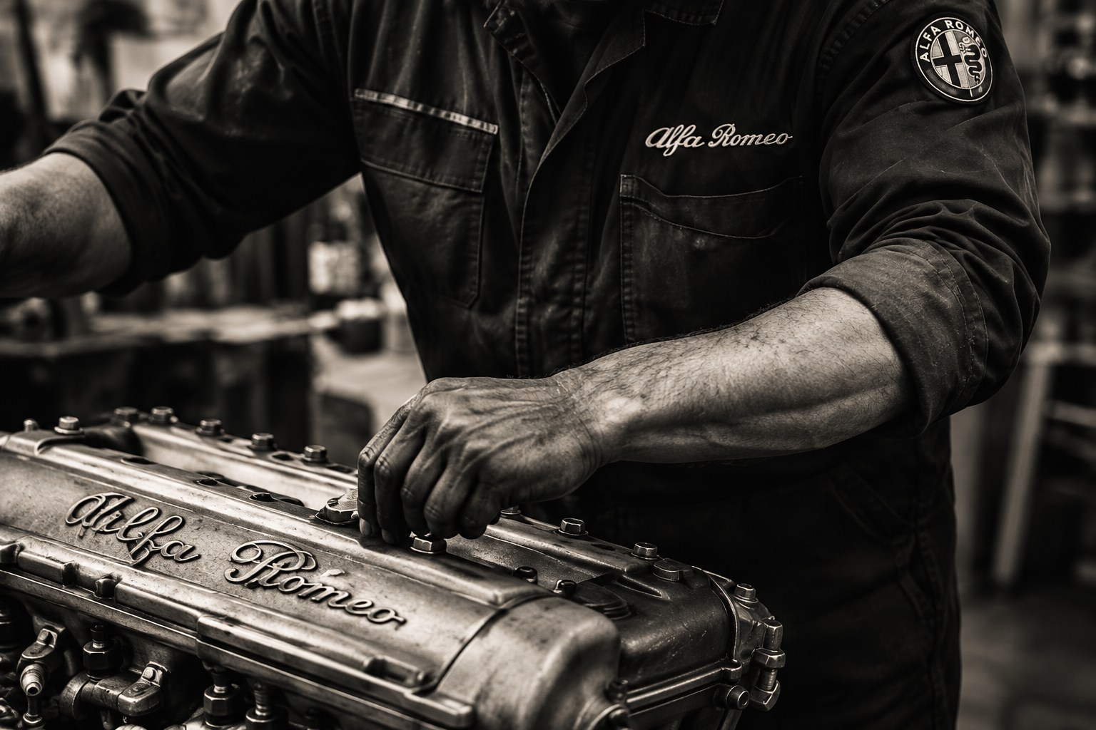 Especialista trabajando en un Alfa Romeo clásico